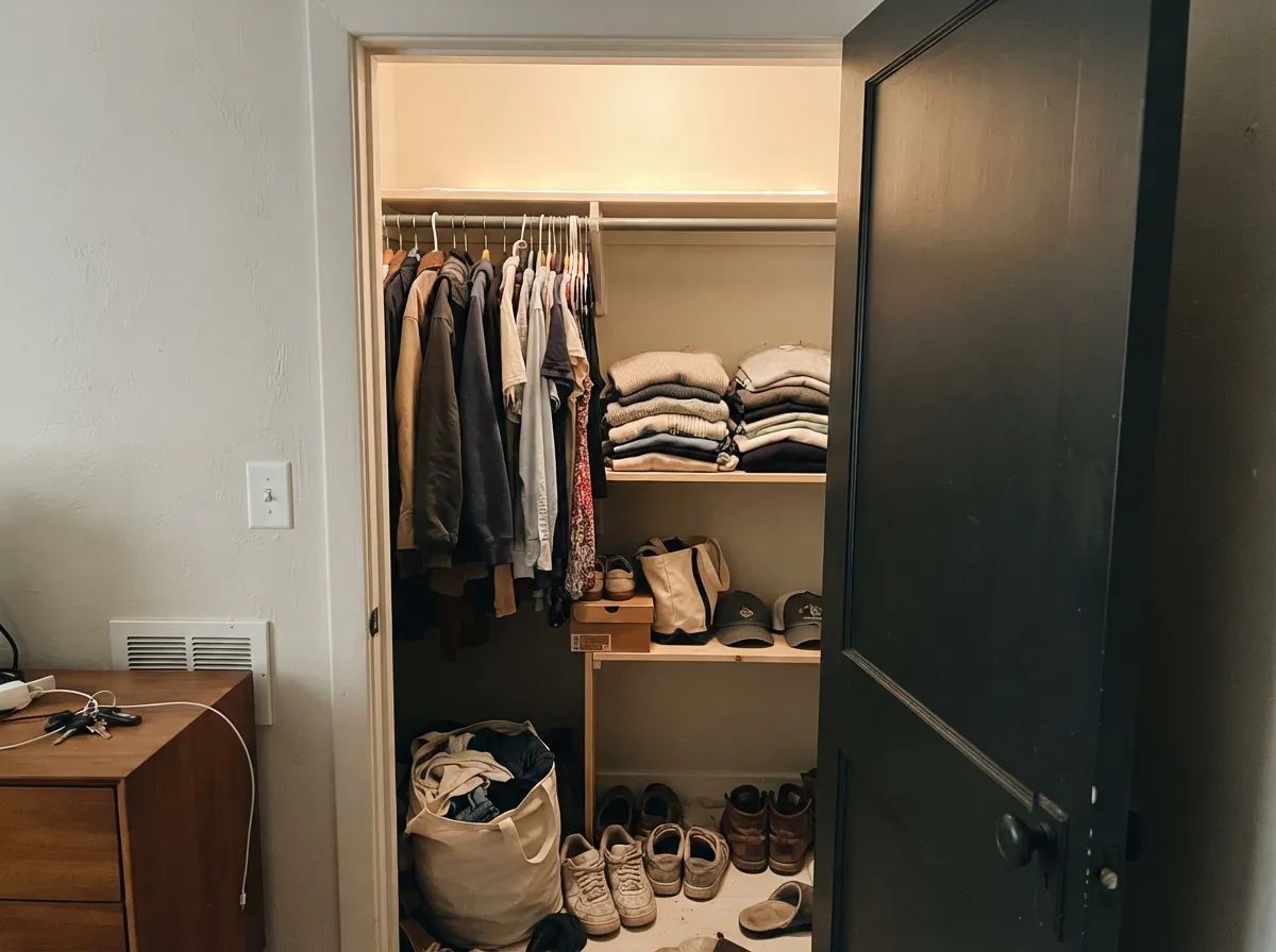 Drenched closet, warm bulb: walls, shelves and ceiling in one color erase the edges, which is what actually makes a small closet feel bigger.