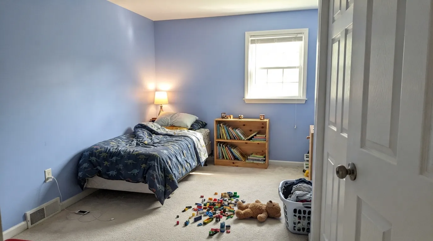 Windmill Wings doing what it does best: a kid's room bright enough to play in, blue enough that it clearly belongs to the kid, with White Heron trim keeping the edges soft.