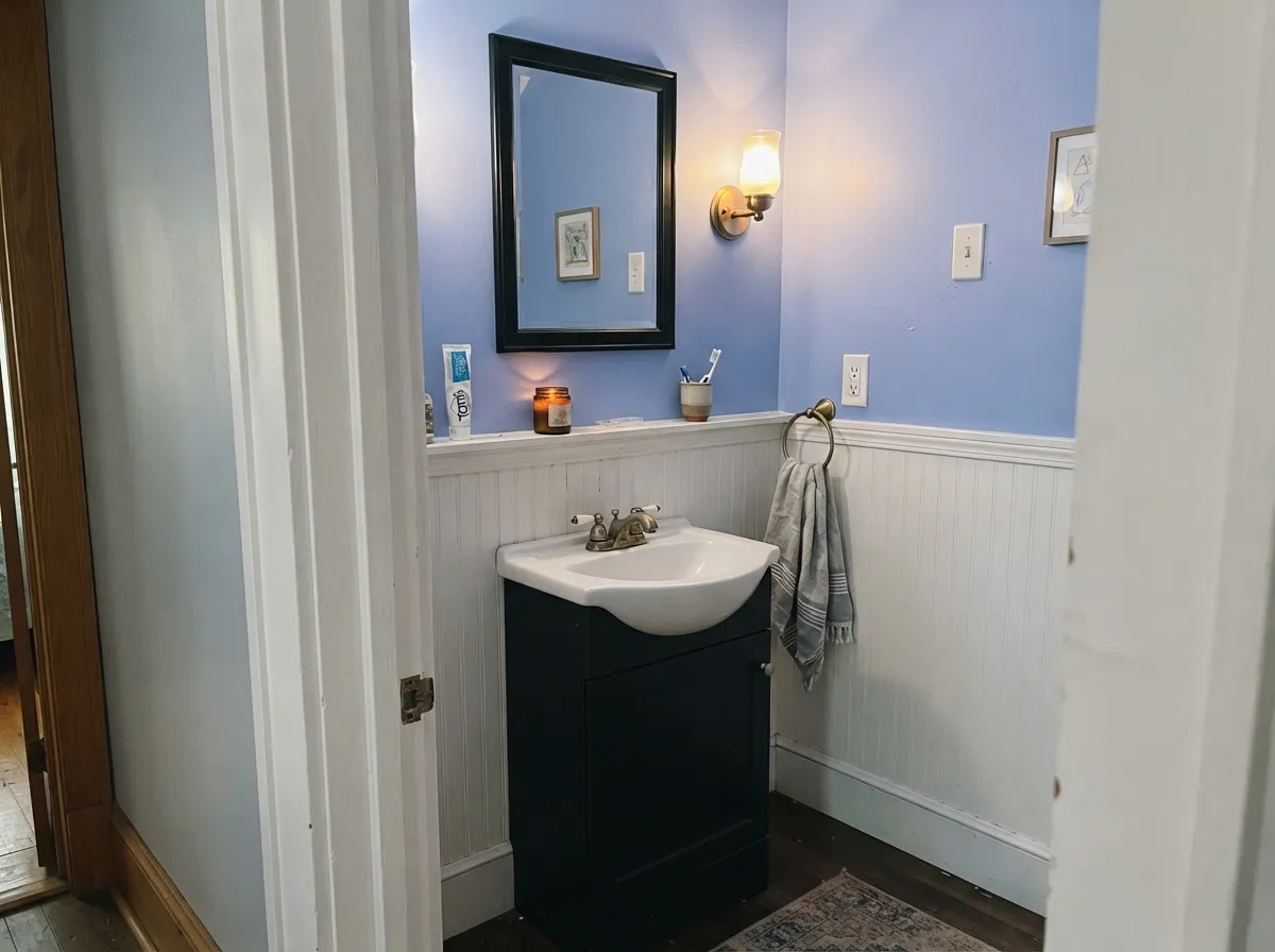 The black-and-white powder room formula: the graphic frame and the brass are what keep a clean blue from reading like a clinic.