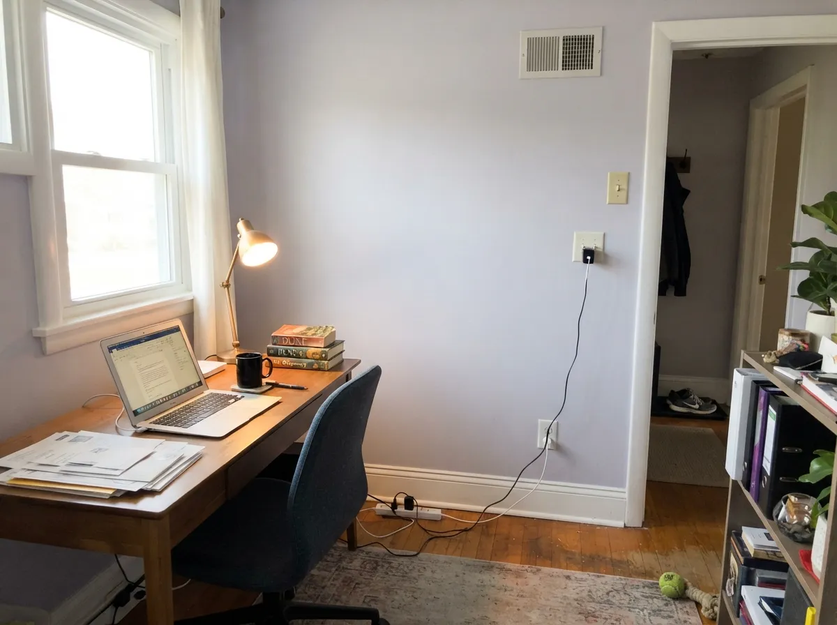 The designer's short list: Benjamin Moore itself recommends Winter Gray for studies and guest rooms — crisp white trim leans into the violet on purpose.