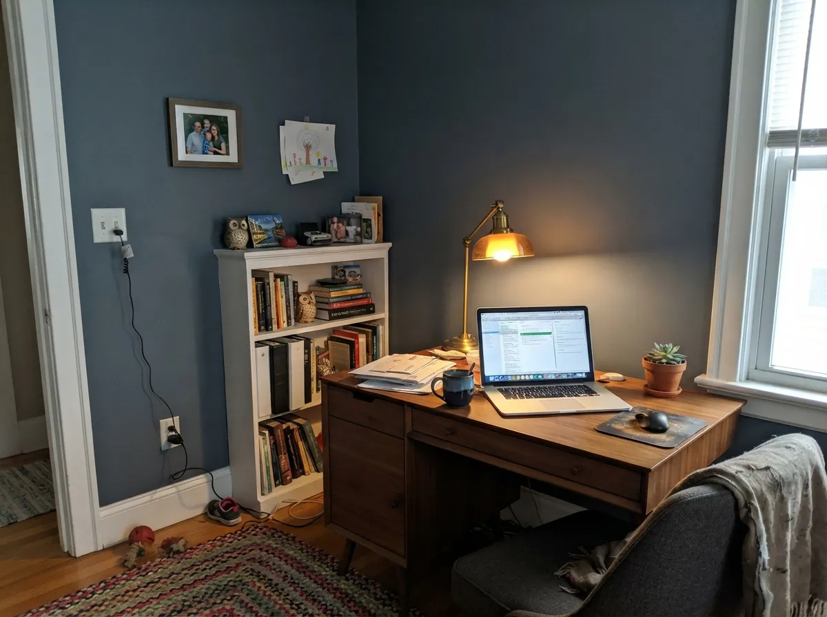 With walnut and brass lamp light, the walls settle into a moody, library-like blue-gray — not cold, not gray.