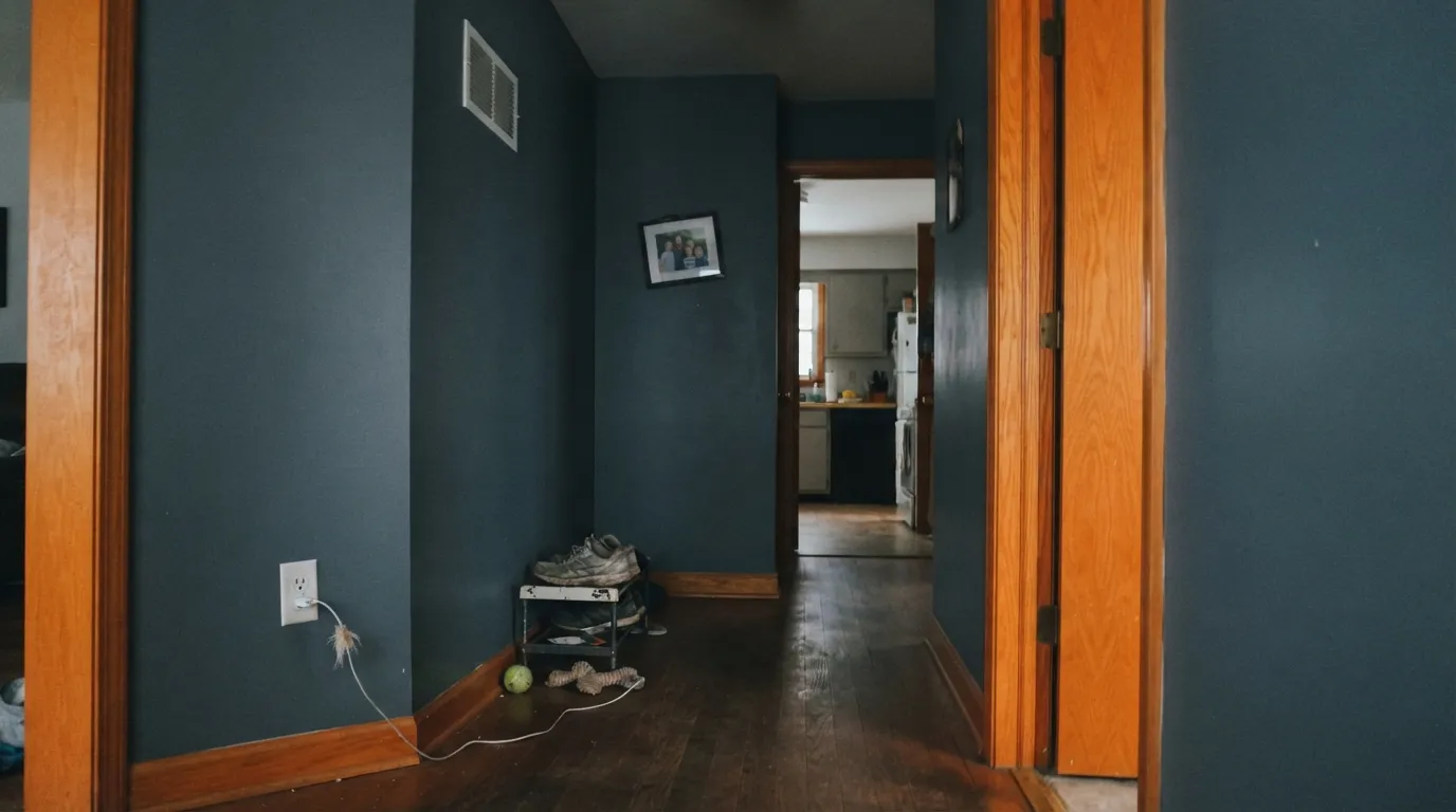 The honest shot: no daylight and honey oak underfoot. The blue disappears into flat, heavy gray, and the floor looks orange in return — the exact combination behind the worst reviews.