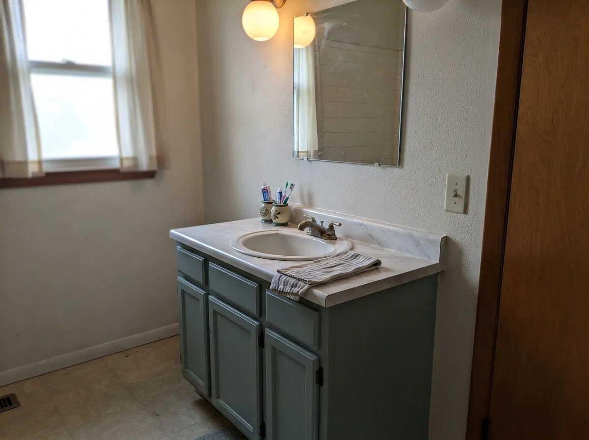 Under White Dove walls the vanity reads spa-quiet and a touch more blue than green — good morning light does that.