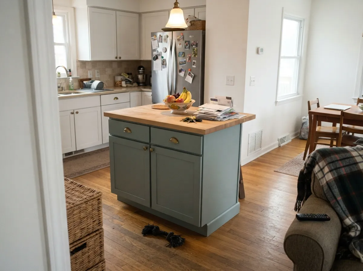 Against warm oak and brass the green comes forward — a noticeably different color than the porch ceiling two photos up.
