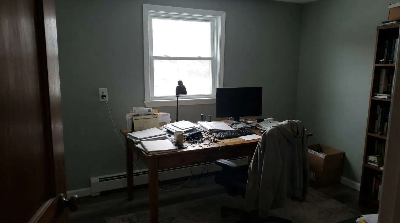 The honest shot: cold north daylight with no lamps on, and the blue-green drains into flat, muddy gray — the light where Woodlawn Blue disappoints.