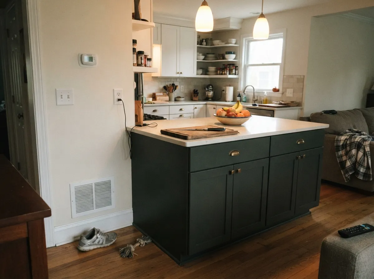 Wrought Iron kitchen island with brass hardware and white perimeter cabinets.