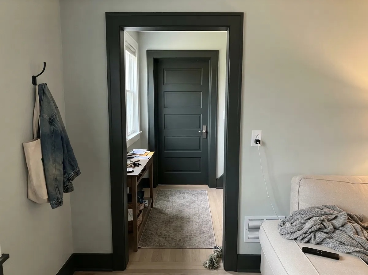 Wrought Iron interior door and casing against a light wall.