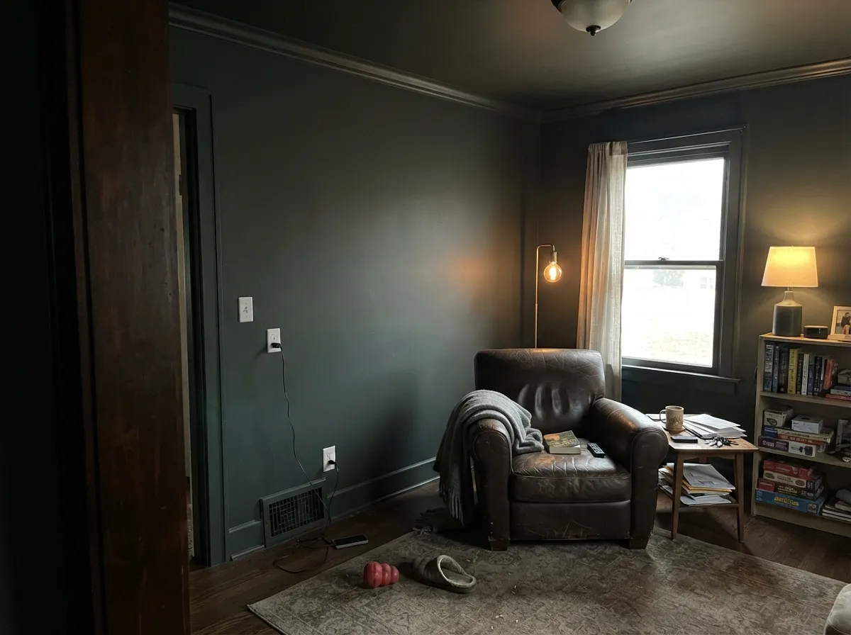 Wrought Iron walls, trim, and ceiling in a lamp-lit den.