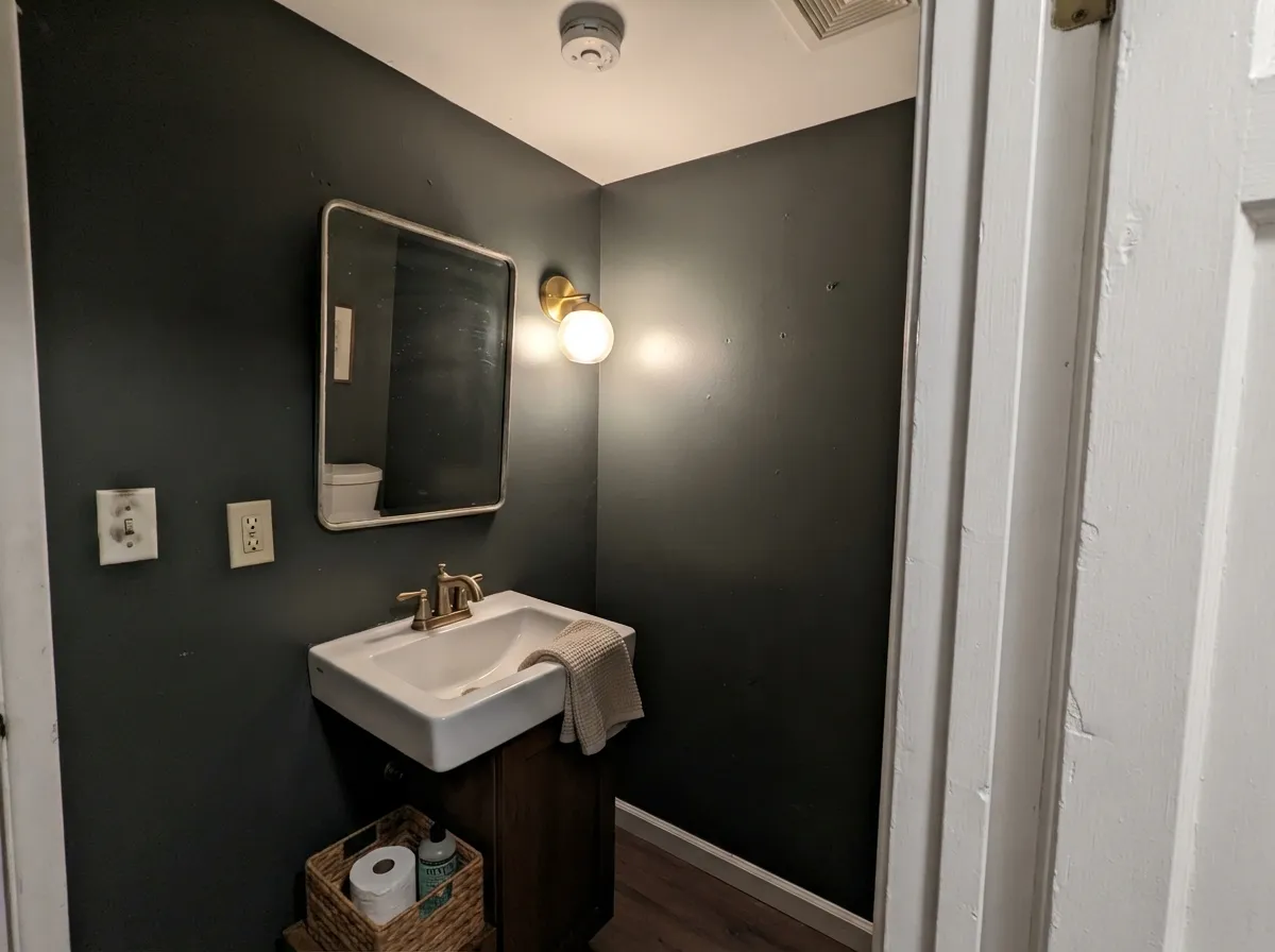 Wrought Iron powder room walls with a white ceiling and brass fixtures.
