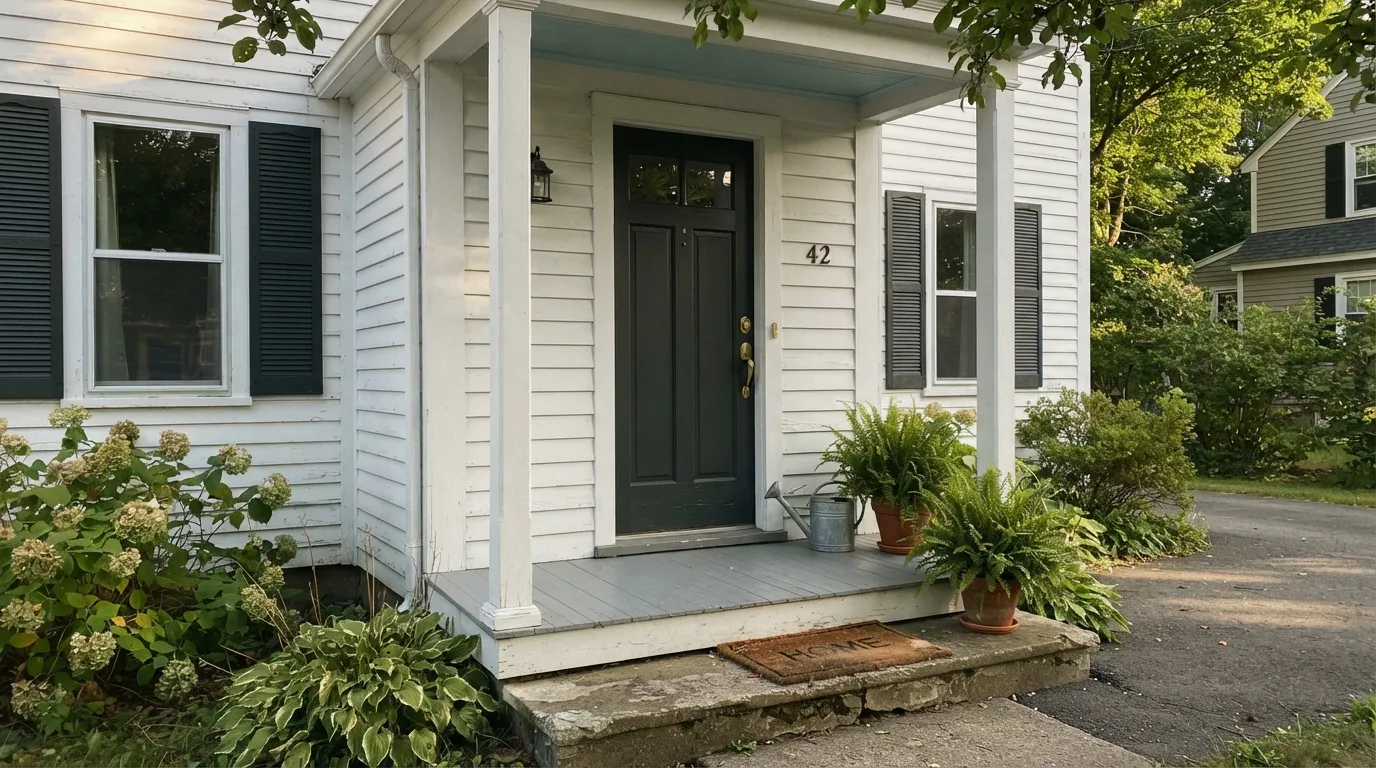 In shaded afternoon light the door reads properly black against white siding — this is the exposure Wrought Iron was made for.