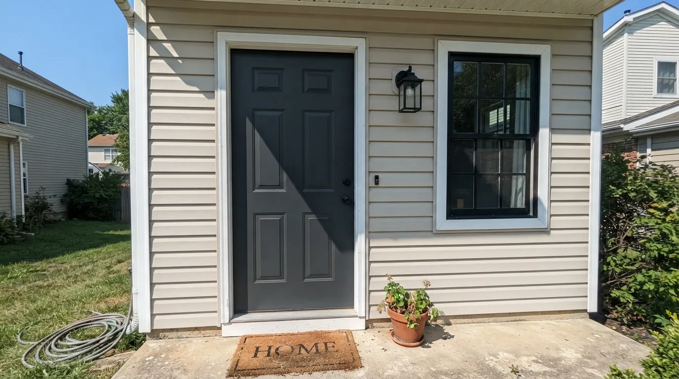 The honest shot: at noon, beside true-black window frames, Wrought Iron reads charcoal gray — the exact surprise the disappointed reviews describe.