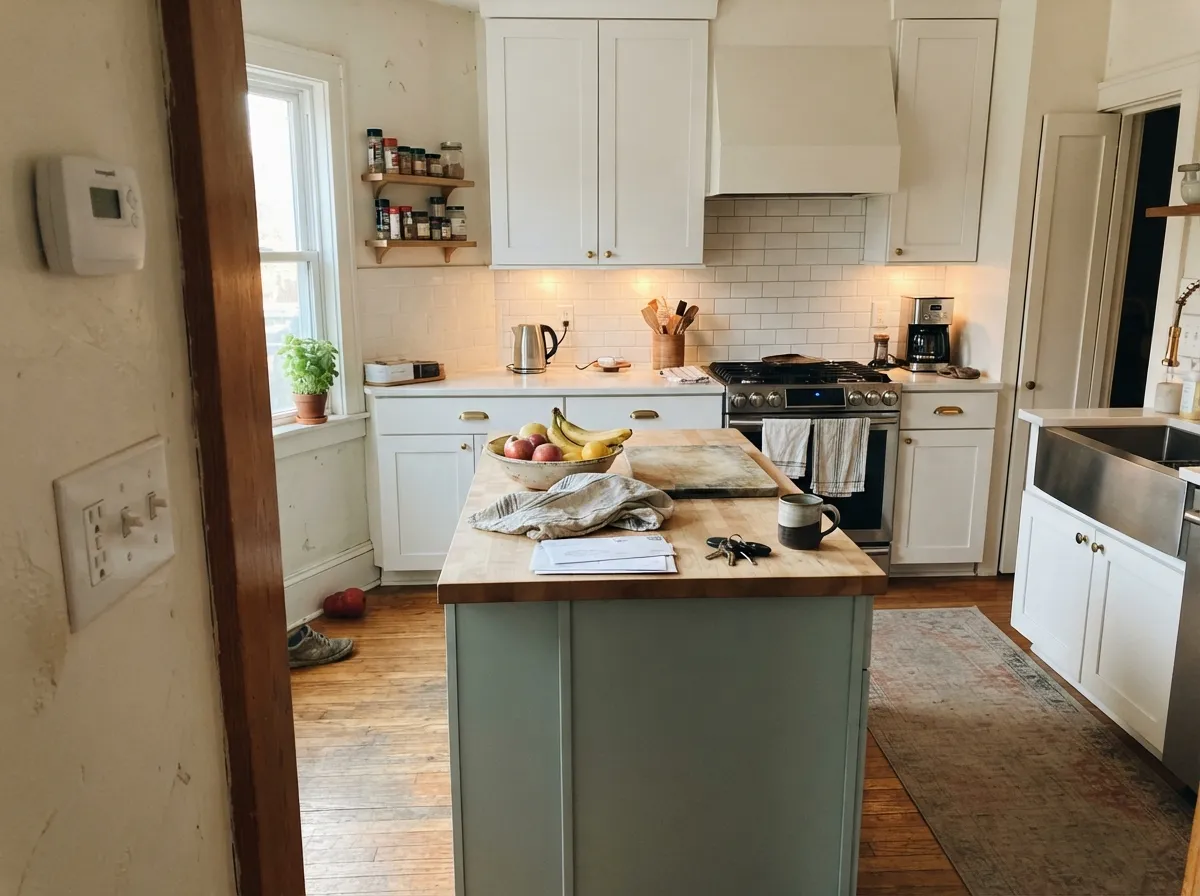 As an island color it settles into the shade nobody can quite name — exactly why it doesn't fight the counters or the cabinets around it.