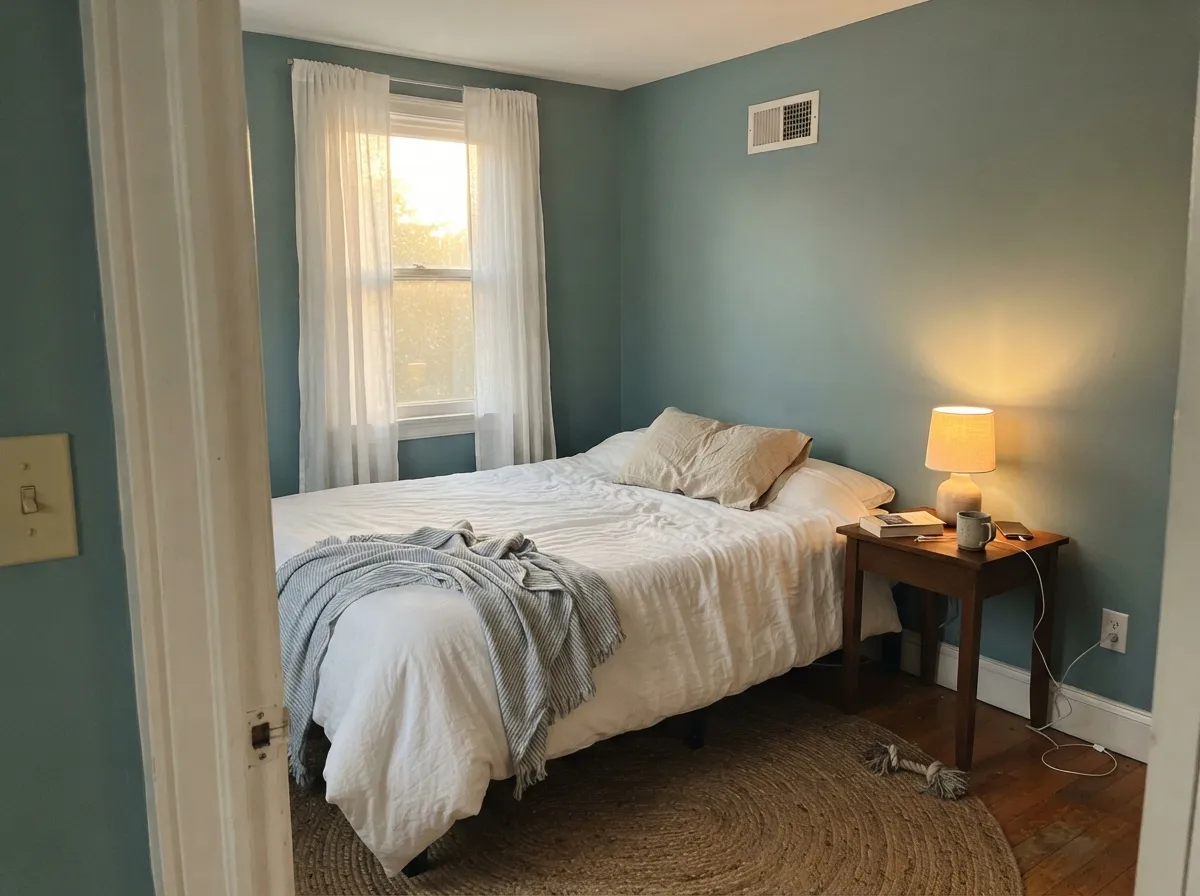 In warm afternoon light the walls lean sage-green and calm — the coastal-bedroom look the color is known for.