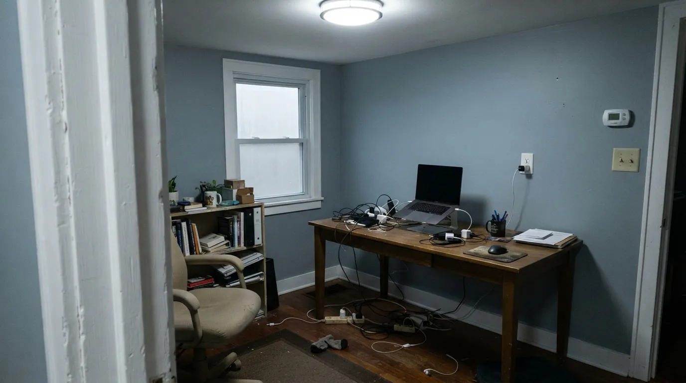 The honest shot: a dim north room under cool LEDs drains the green out and leaves a flat, slightly drab blue-gray. Swap to warm 2700K bulbs before blaming the paint.
