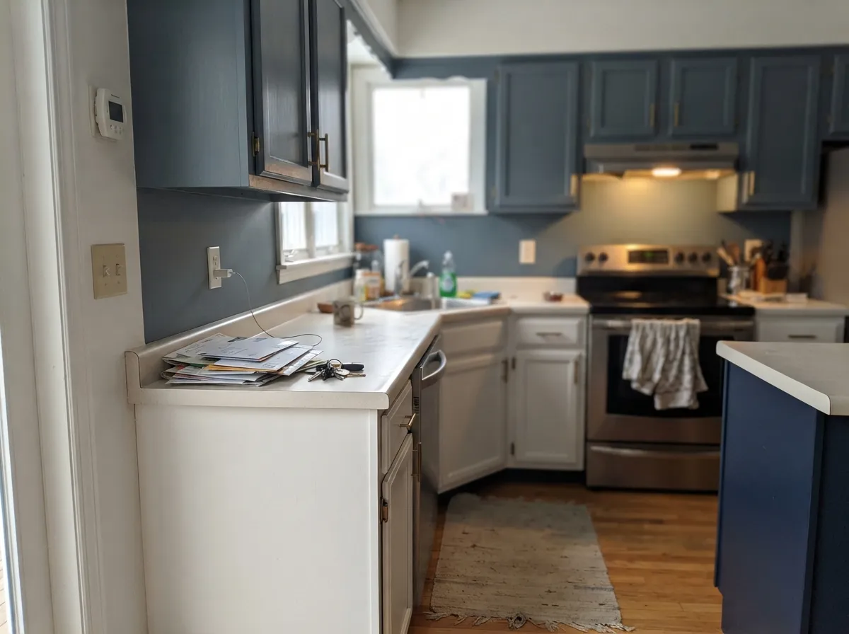 The pairing Benjamin Moore itself recommends: Yarmouth Blue with white and navy cabinetry.