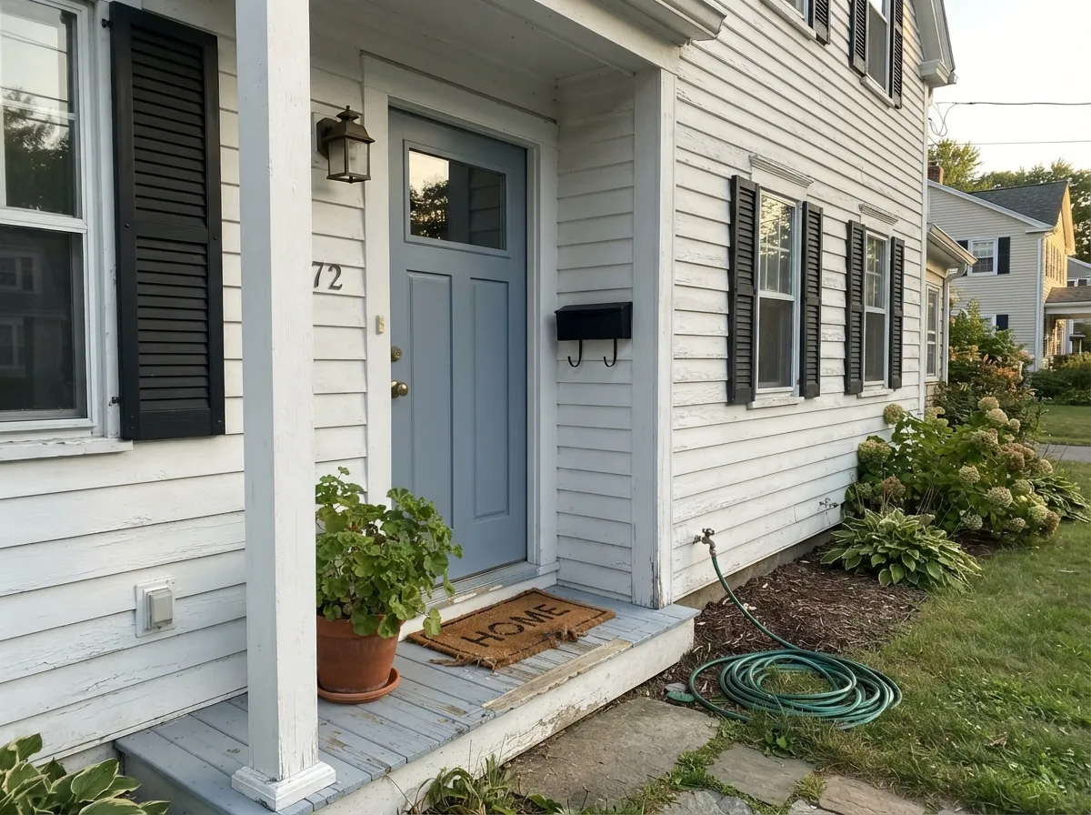 As a front door against white siding, the color reads historic and settled — full sun brightens it a step past its indoor read.