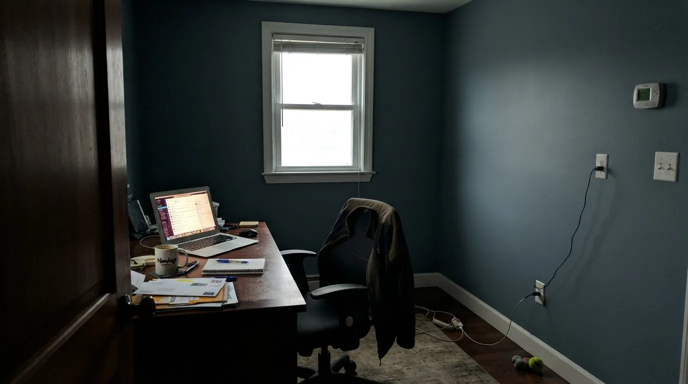 The honest shot: cool north light with no lamps drains the blue out and leaves a flat, murky gray — the exact situation to test for before committing a whole room.