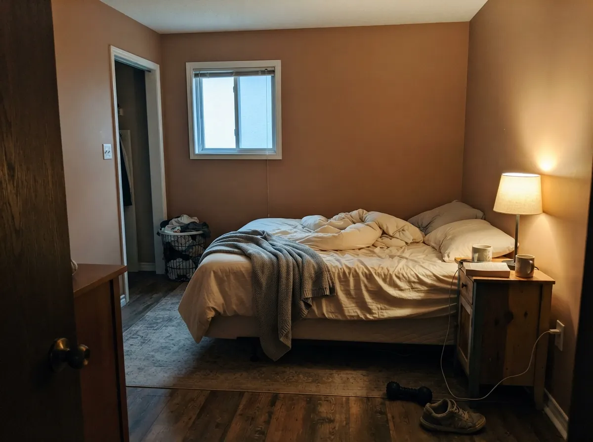 In a dim bedroom the LRV 29 depth still reads saddle-caramel — this is where lighter tans go gray.