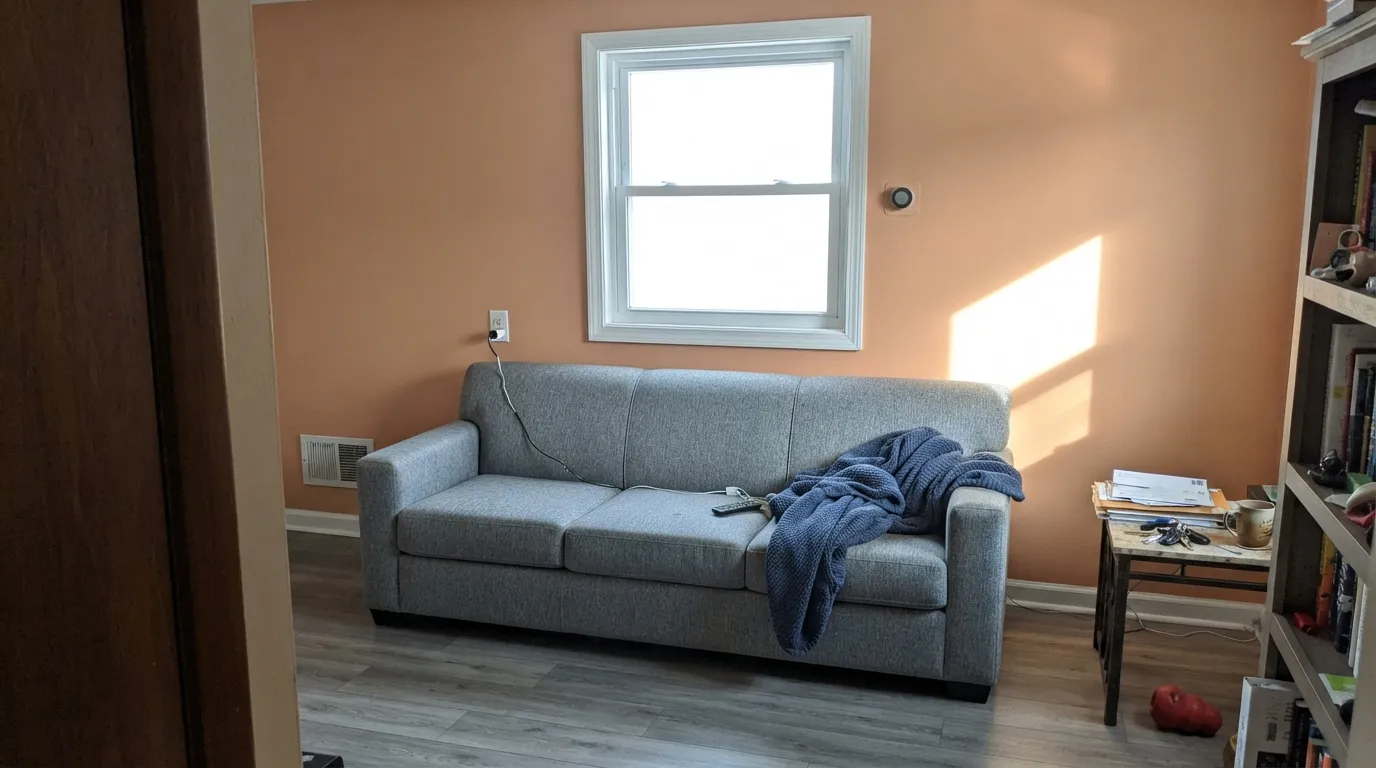 The honest shot: hard south sun plus cool gray furnishings pull the peach out — the 'you wanted beige' surprise.