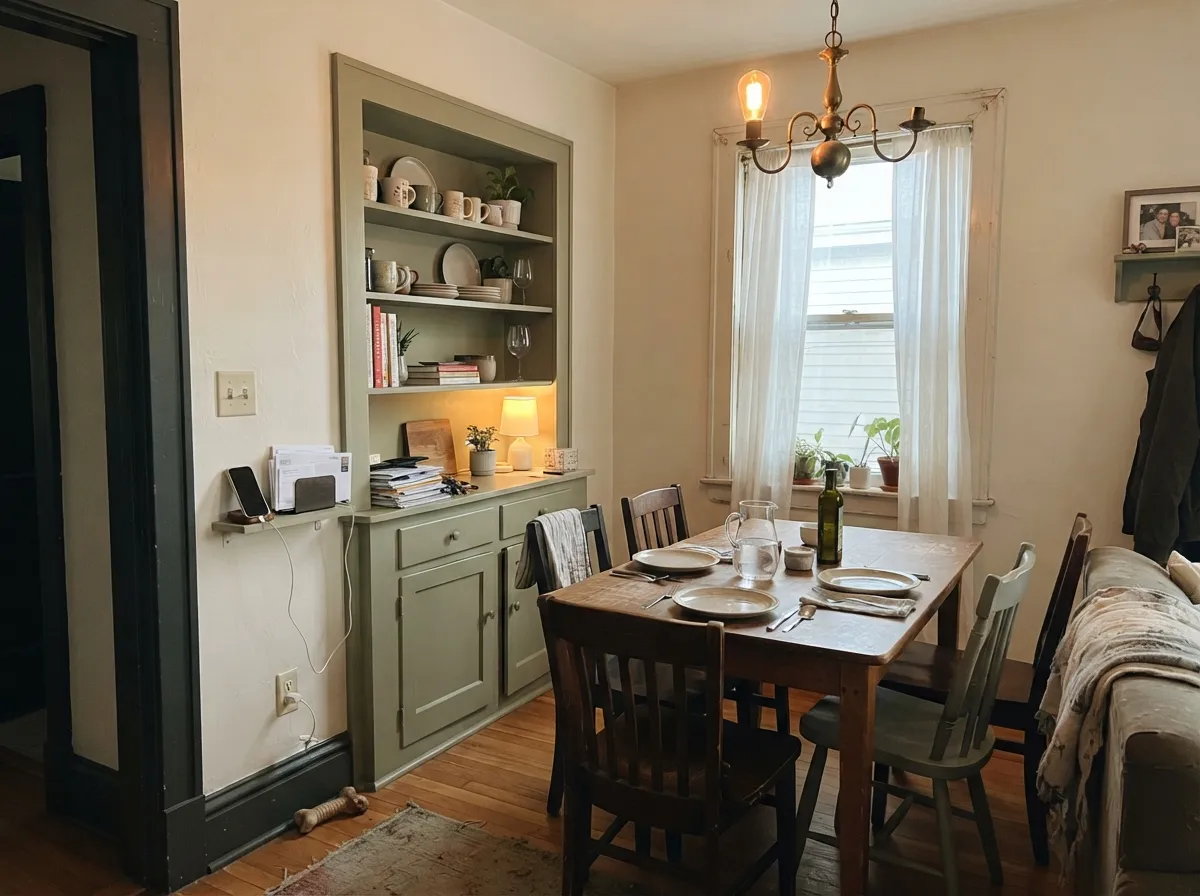 In an evening-lit dining nook the green turns rich and appetizing, not murky — this is the light the color was built for.
