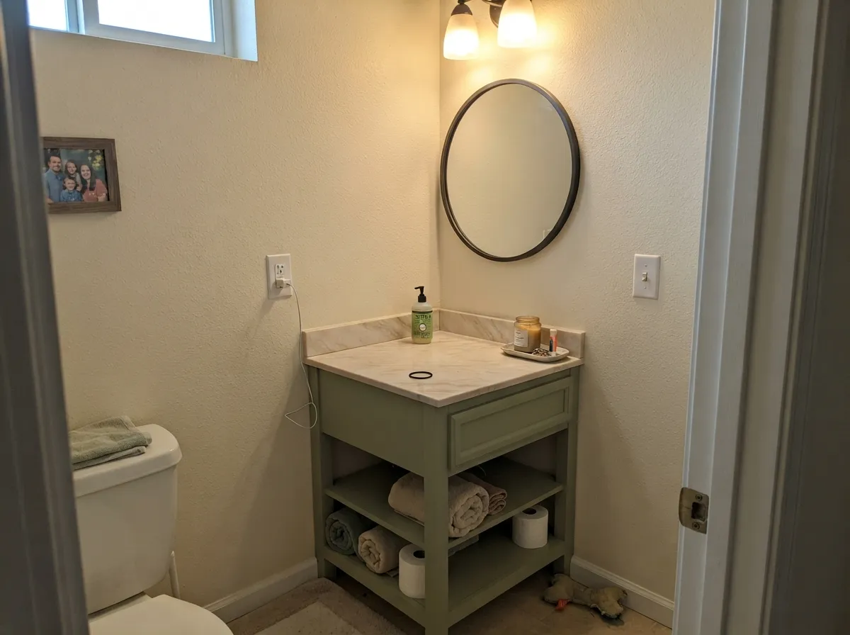 The designer move: a small vanity carries the color, and the room stays airy around it.