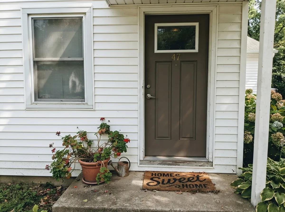 Full sun opens the color up closer to a warm cinnamon-brown than it ever reads indoors — a confident front door against light siding.