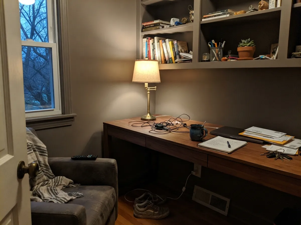 Under warm lamplight the walls turn a cozy espresso-brown — this is the color's best indoor light.