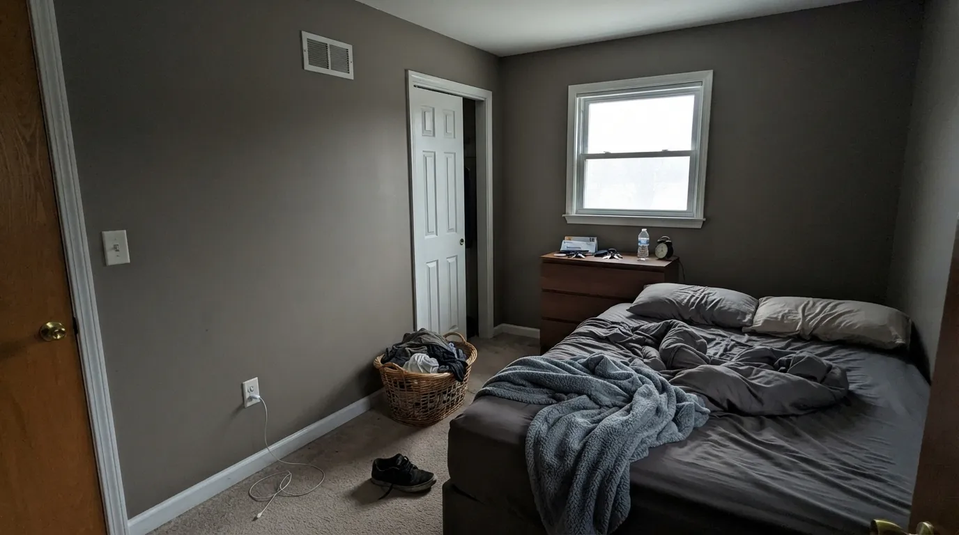 The honest shot: cool north light with no lamps strips the warmth out, leaving a flat, cave-like gray-brown — the exact surprise buyers report after ordering off the lighter product photo.