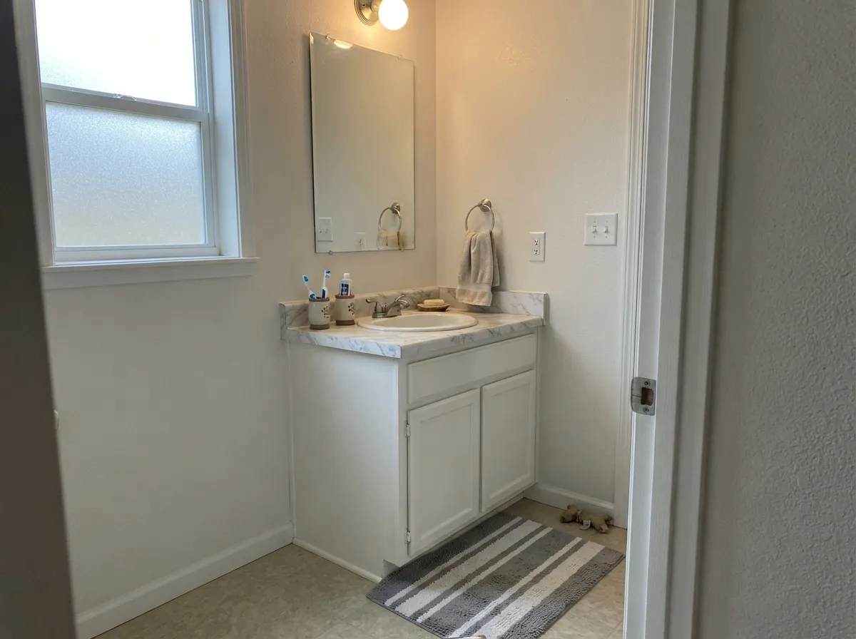 The high-traffic job it was built for: semi-gloss Fresh Kicks on a vanity wipes clean and won't yellow the way a creamier white eventually does.