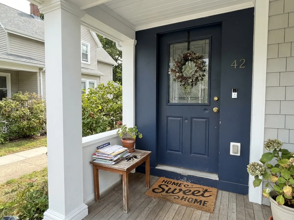 Clare's exterior formula in full sun — the same brightness that can feel harsh indoors reads crisp and classic on porch trim against a dark door.