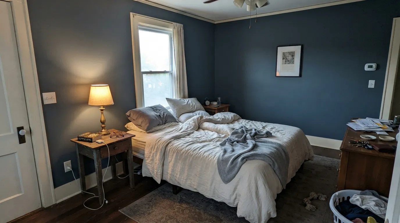 Goodnight Moon in the light it was named for — 2700K lamplight keeps the steel midnight blue, velvety and restful instead of black.