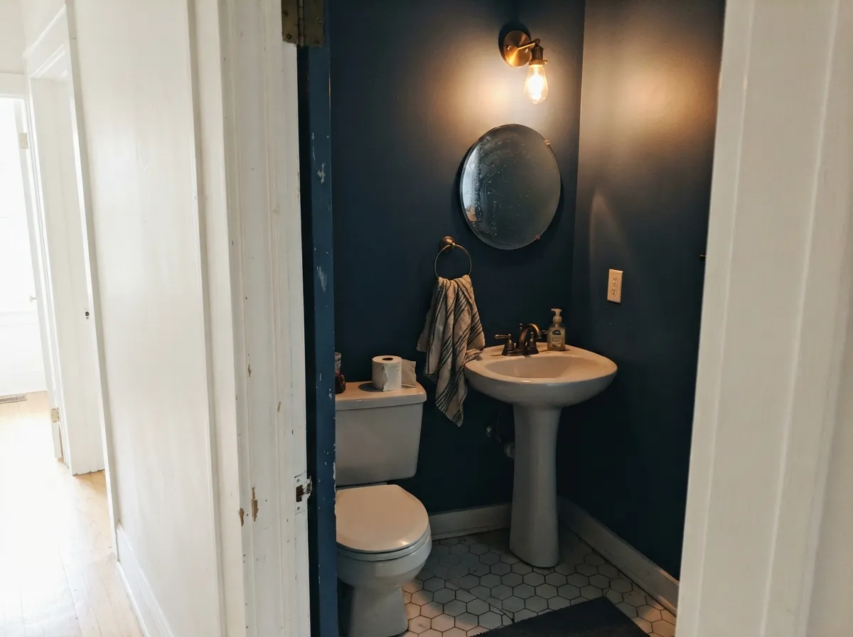 The designer move: a drenched powder in Goodnight Moon, where a small room can take the dark and still feel finished.