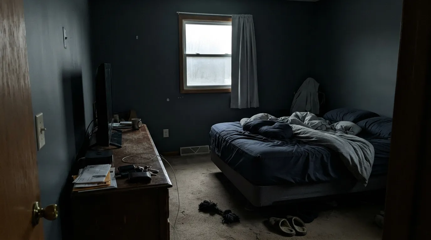 The honest shot: in a dim north room with no lamps, Goodnight Moon drops the blue and reads charcoal — the exact cave the low LRV predicts.