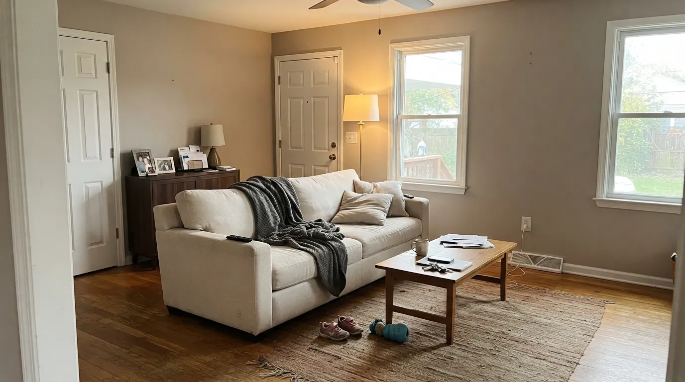 Greige on a daylit main floor — gray and beige in the same breath, deeper than the famous light greiges, calm against White Dove trim.