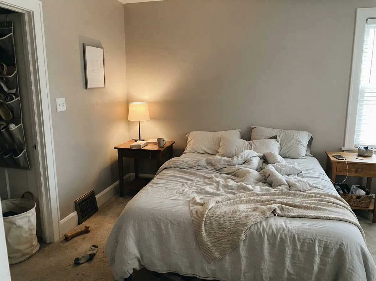 In a morning-lit bedroom Greige stays a soft taupe-beige — not cold gray, not sandy tan.