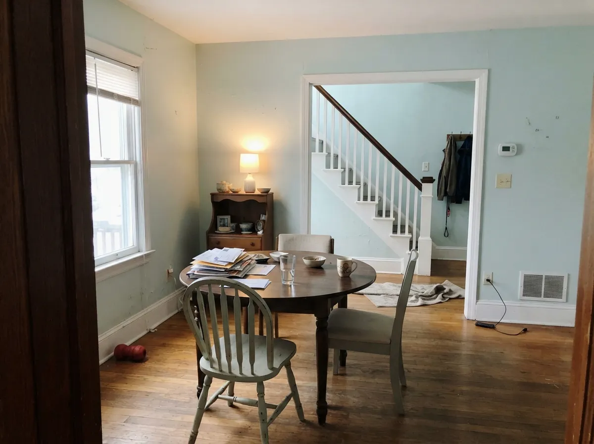 The expansion story in one frame — dining into foyer and stairs, still light, still a real blue-green, not a gray.