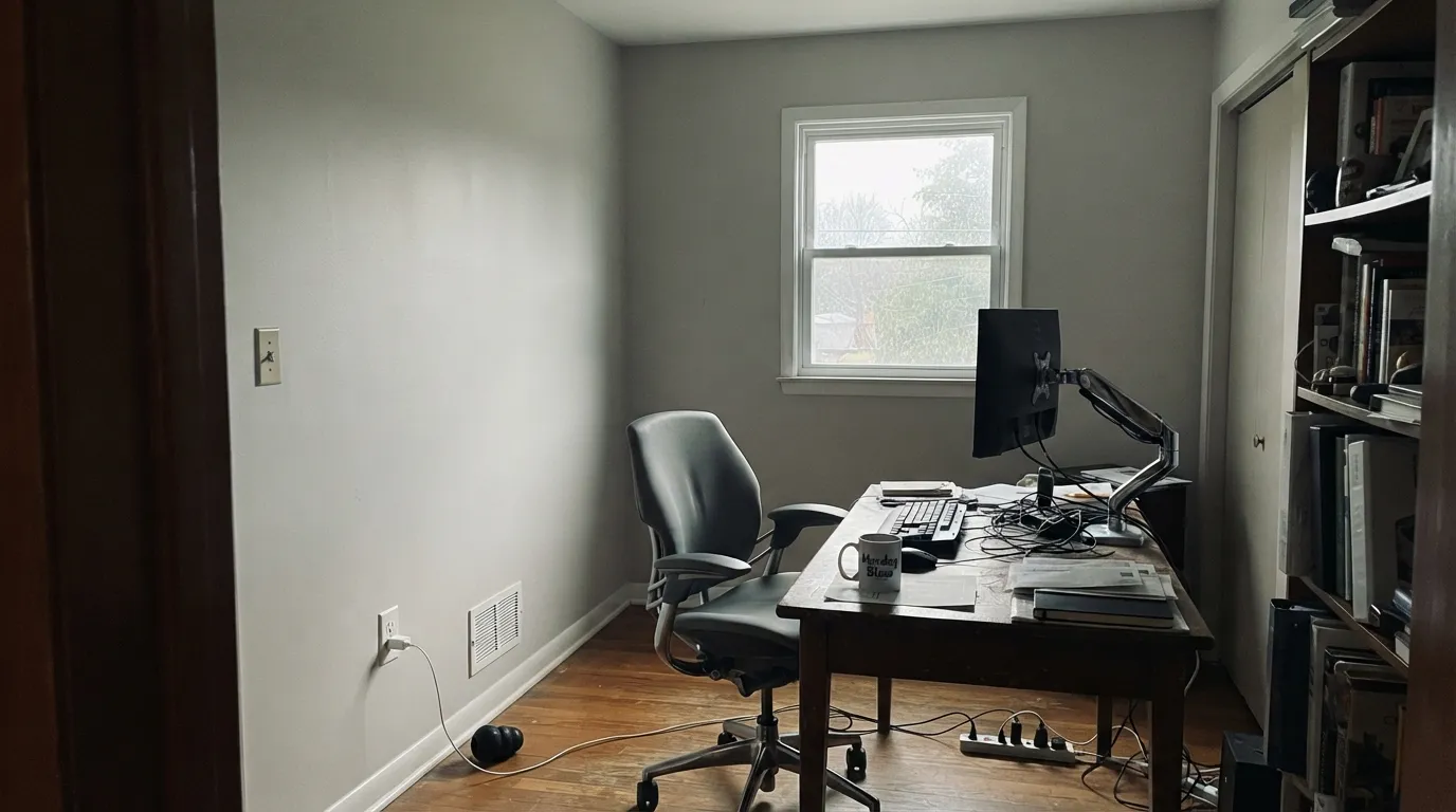 The honest shot: cold north light and cool metal nearby, with no warm material to hold onto — this is the flat, blue-leaning read behind the real complaint that Penthouse "changes with whatever you put with it."