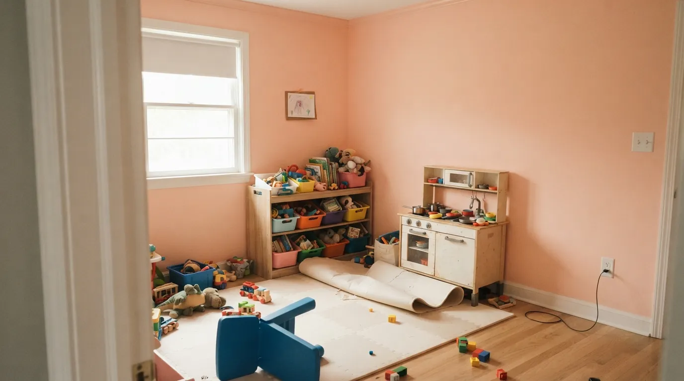 Pop drenched wall-to-ceiling in a playroom under soft north light — warm and cheerful without reading as a kids' theme.