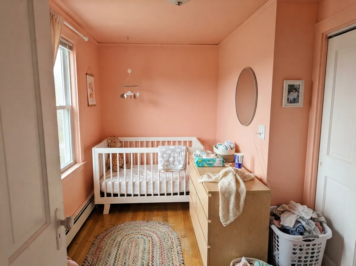 Drenching a small nursery removes the ceiling line, and the room reads bigger than its footprint.