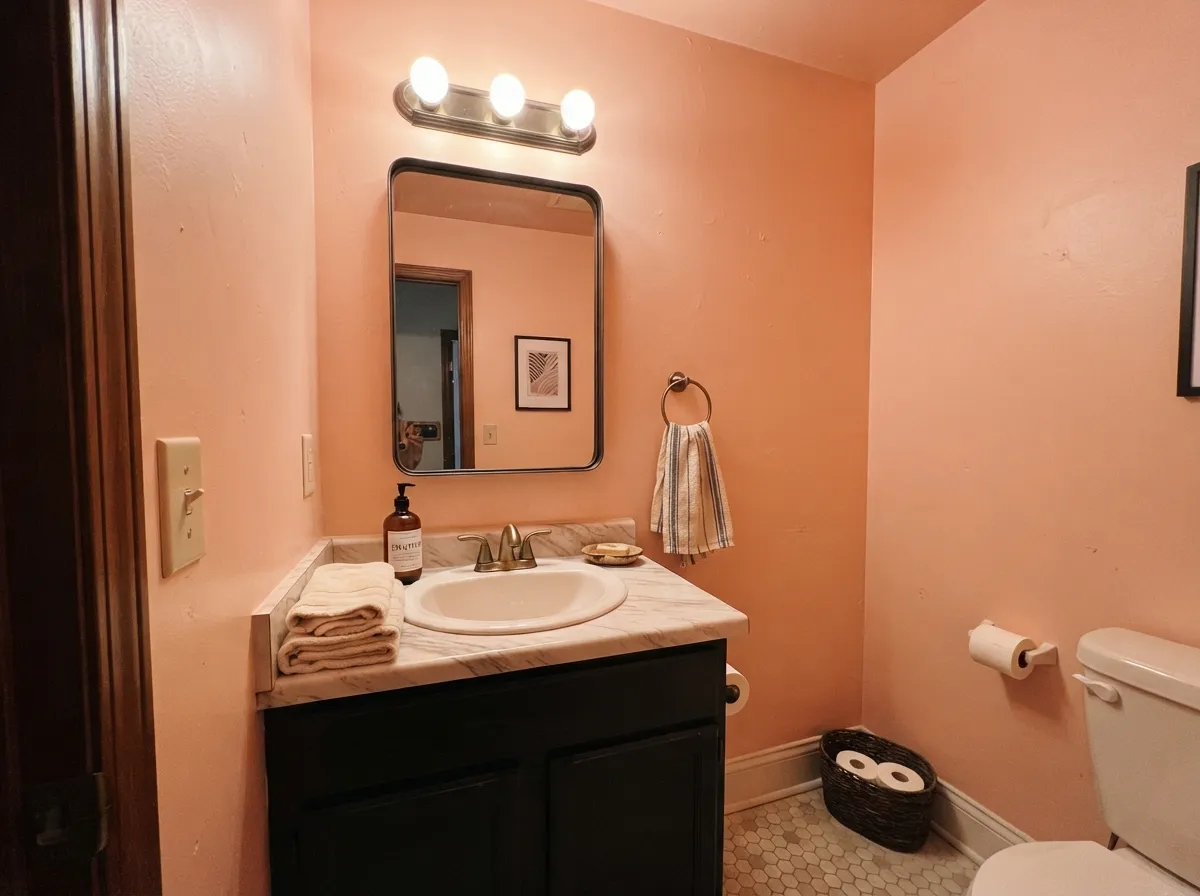 No daylight means no salmon shift — in a windowless powder room Pop stays warm and flattering all day.