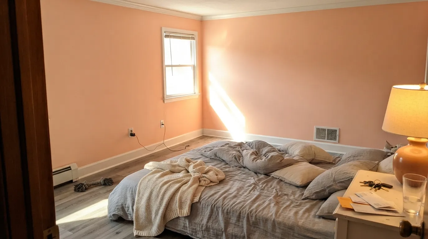 The honest shot: late west sun drives Pop past peach into salmon and tints the trim with it — the exact hour the regret reviews describe.