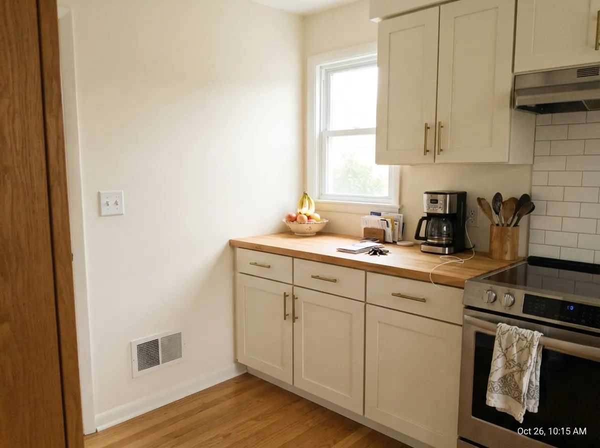 On cabinets it stays quiet and lets the brass hardware and butcher block do the talking — deeper walls keep it from disappearing entirely.