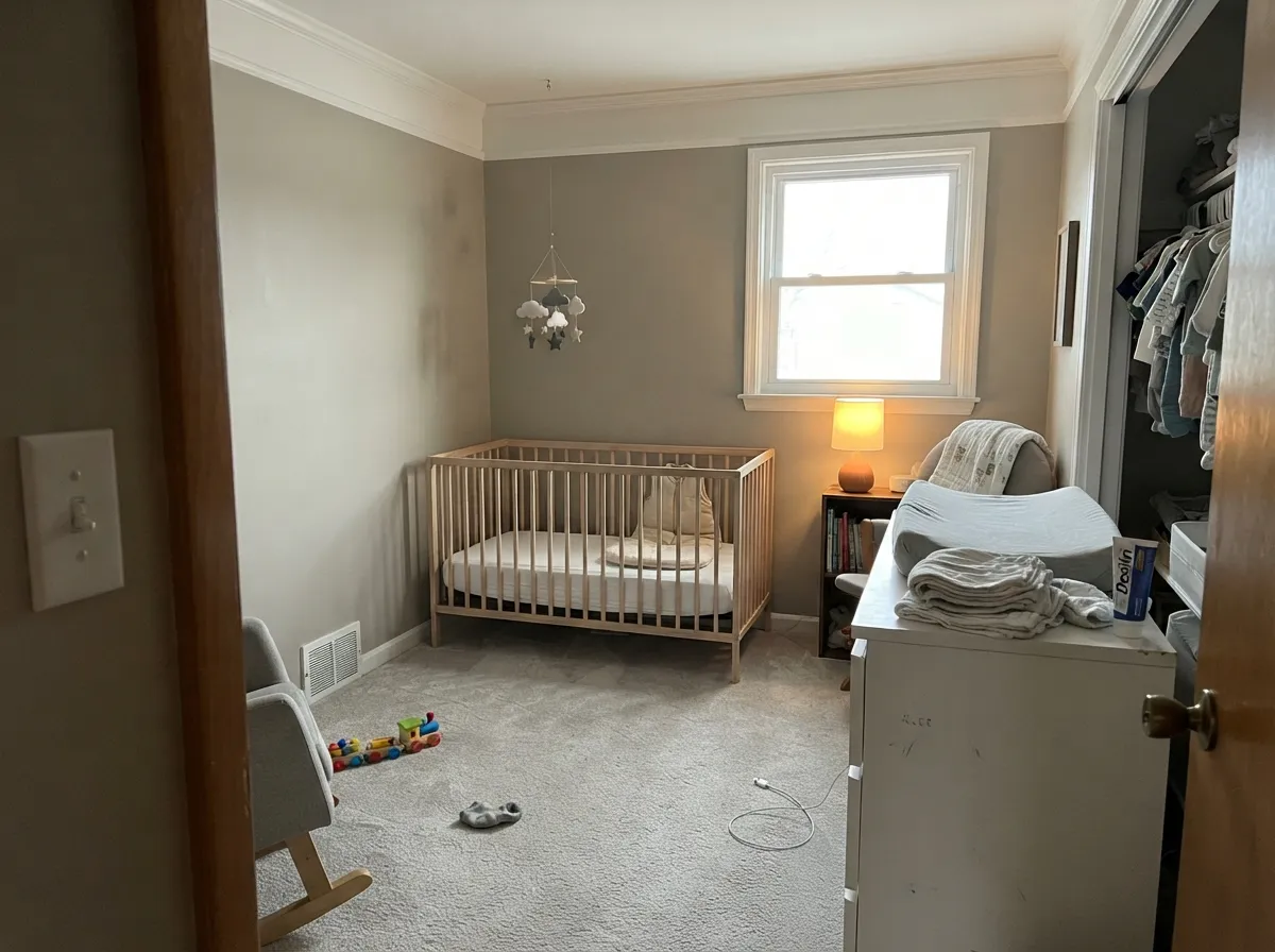 Trim and ceiling in Whipped keep a nursery calm and soft without adding any visible color of its own.