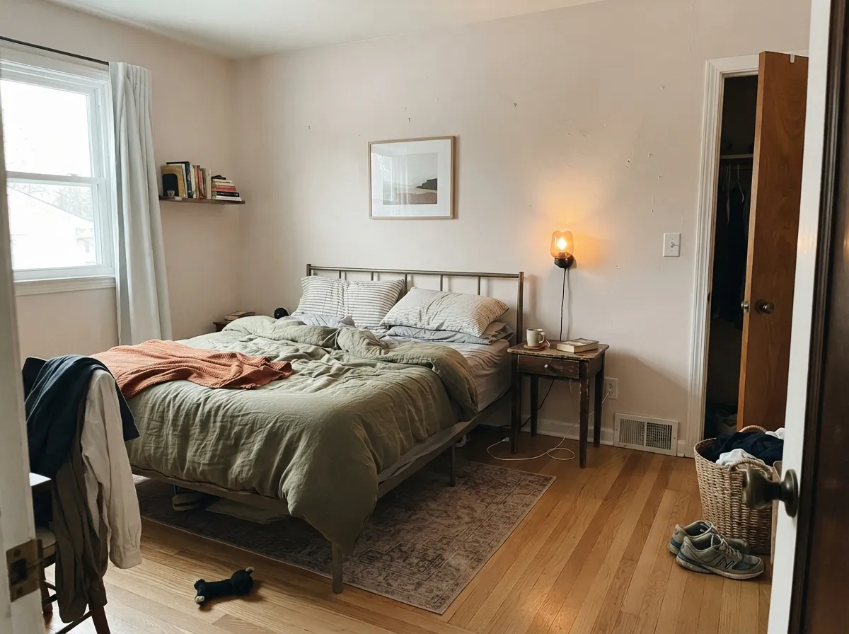 In a morning-lit bedroom the dusty pink stays a whisper — cozy, not blush, as long as the trim stays the same color.