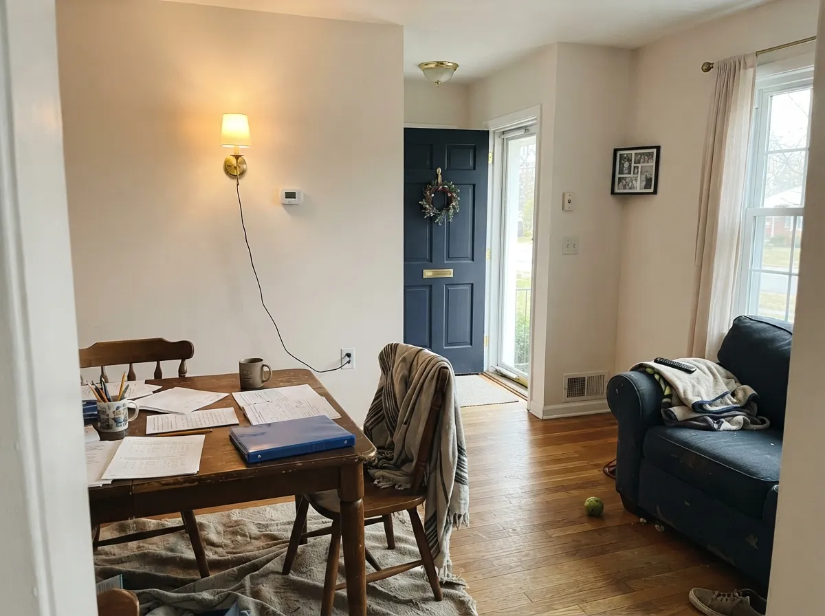 Open living space in real daylight: Wing It stays a quiet warm white next to walnut; Hale Navy on the door is the one dark note.