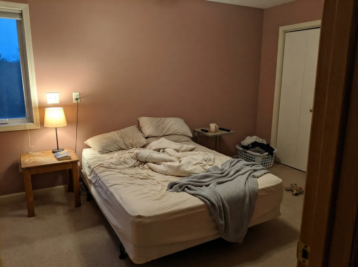 In a lamplit bedroom the rose stays quiet — dusk-colored without going purple or sweet.