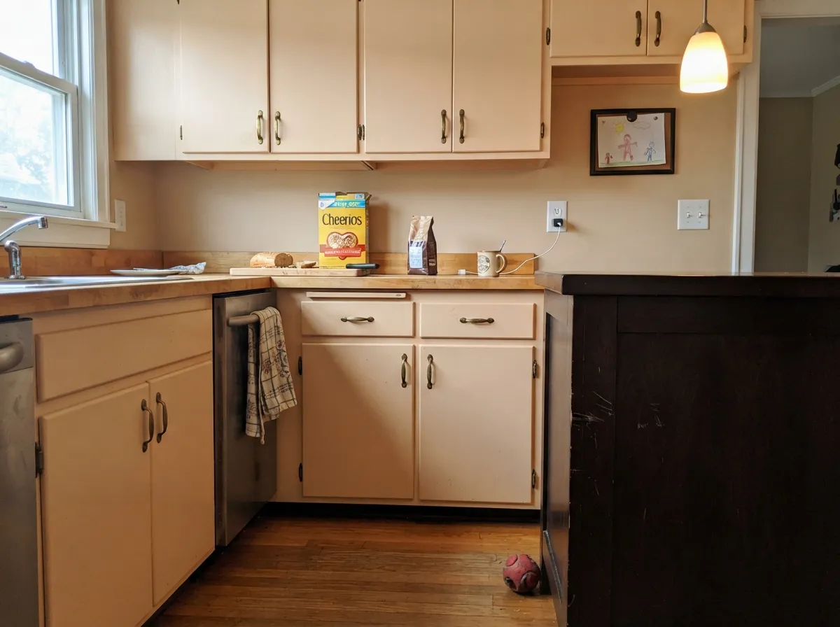 The job Dunn-Edwards lists: satin Alabaster cabinets against warm wood and a beige wall — custom, not builder-white.