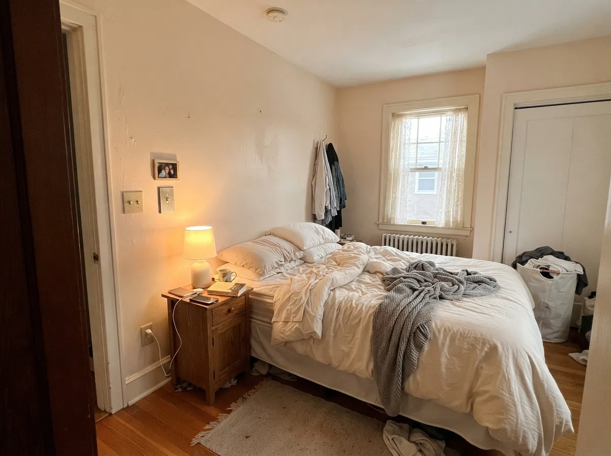 In a morning-lit bedroom it stays a restful cream — peach-beige, not gallery-white, which is the point of this can.