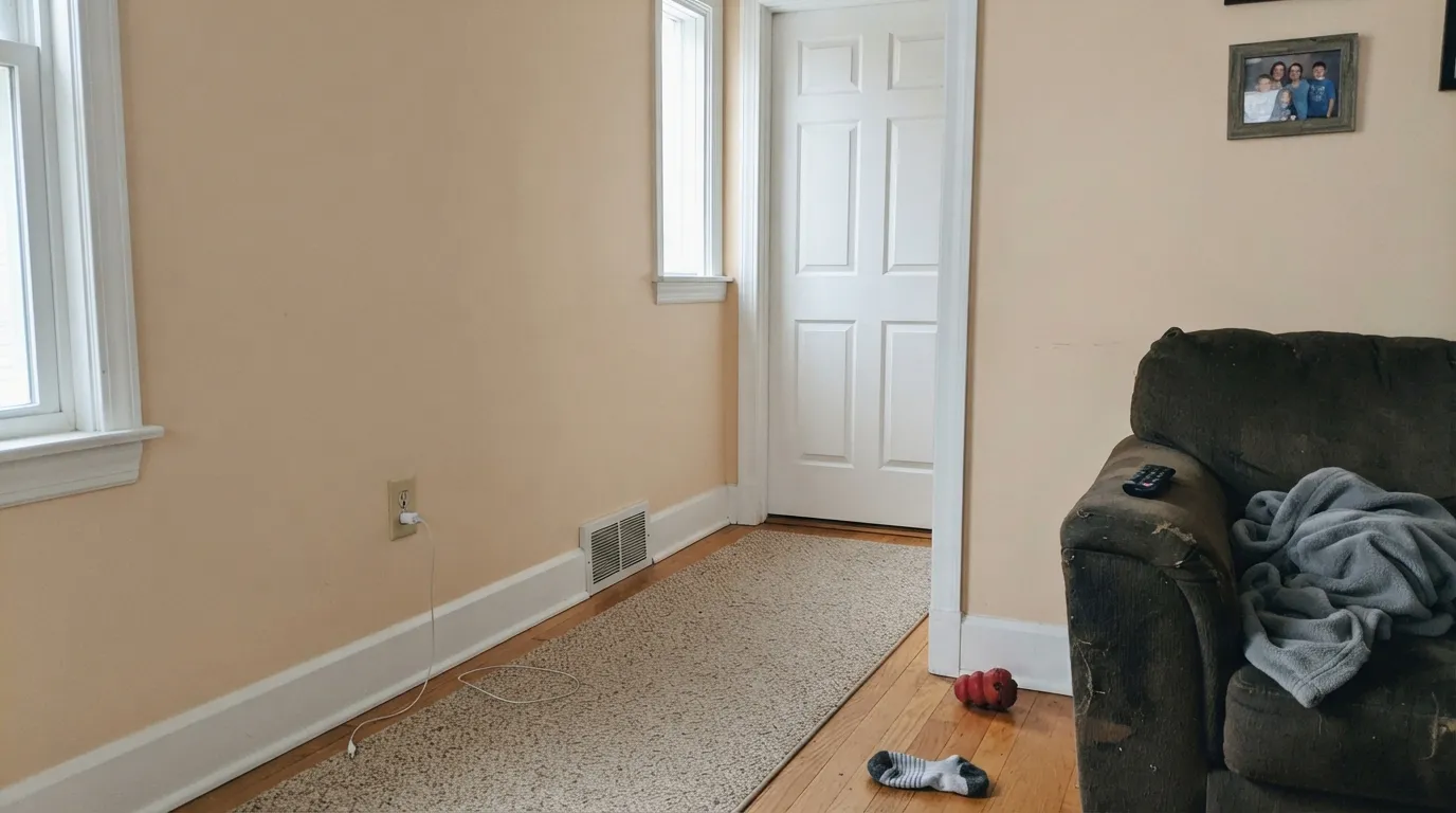 The honest shot: Alabaster walls against Warm White trim — the true white wins and the cream looks dirty, the exact pairing on Dunn-Edwards' own color page.