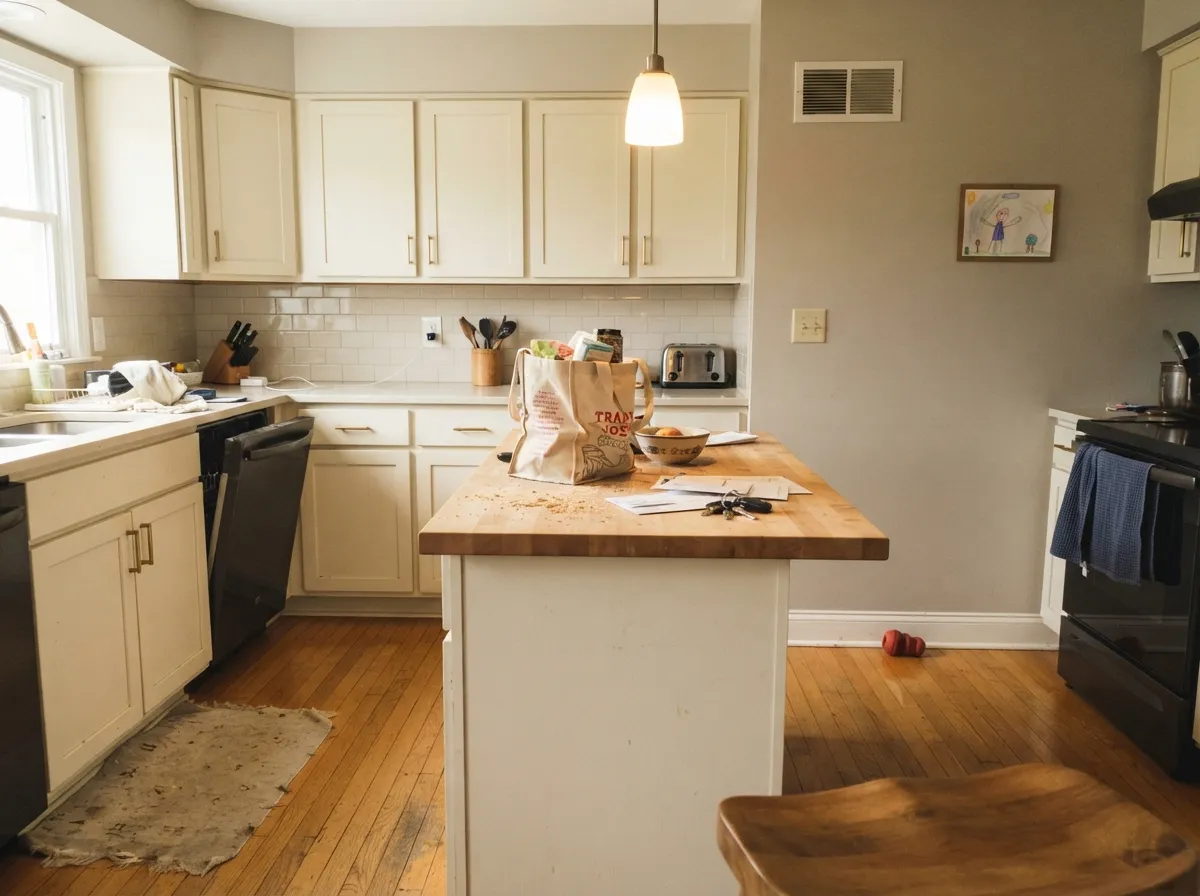High-hide cabinets in the light they were mixed for — Almond Milk stays a soft white against oak and brass, hiding knuckle marks a brighter white would broadcast.